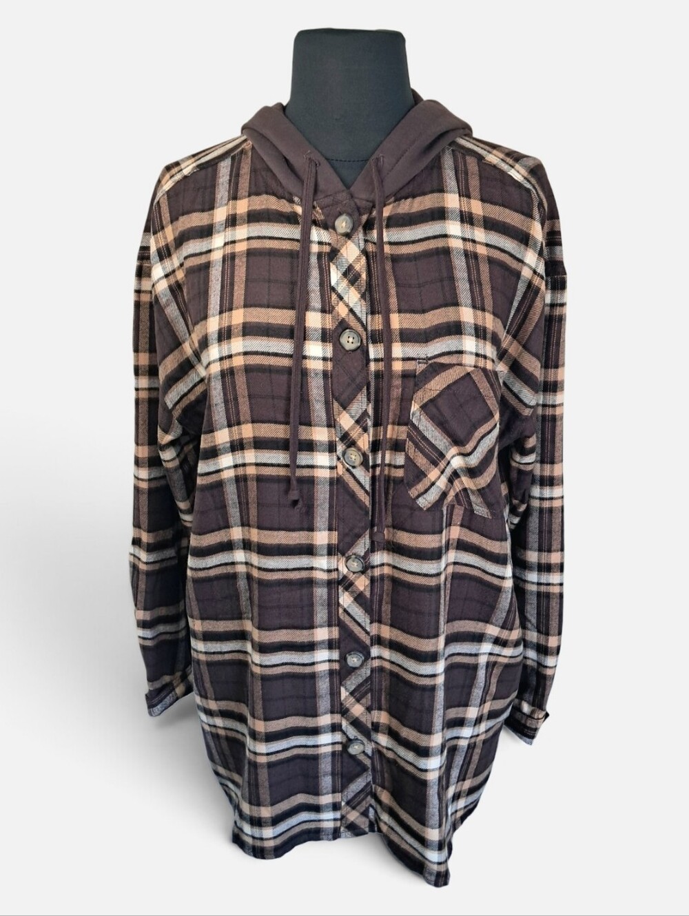 Maurices Plaid Hooded Button Down Boyfriend Long Sleeve Shirt